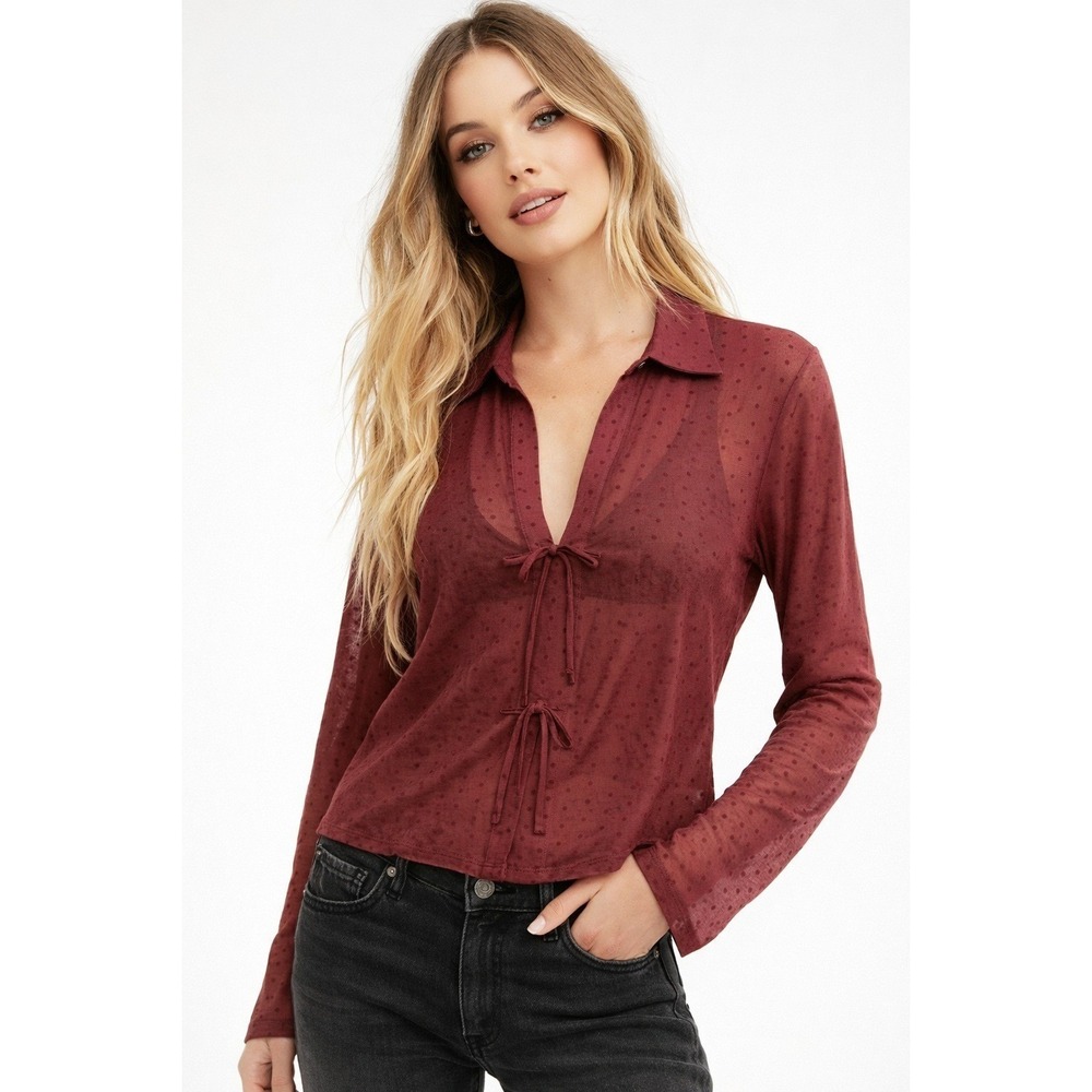 Les Serein Bridgette Collared Knit Top Women Size XL Burgundy‎ NWT